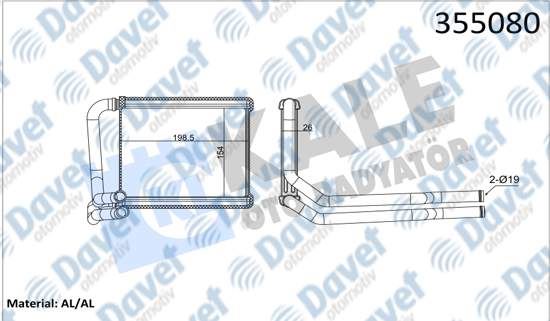 KALE 355080 Kalorifer Radyatoru Hyundai Accent Blue 1.4 1.6crdi 10> - Kia Rio Iii 1.4cwt 11> (Borulu) [Brazing Al/Al] [154x198.5x26]